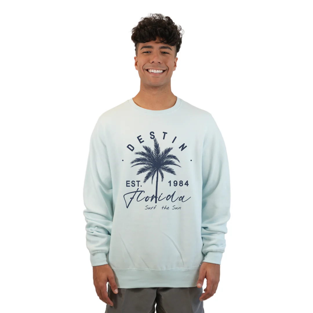 Destin Florida Fleece Crewneck Sweatshirt Men with a Front Palm Tree Est. 1984 Design Style 067 - Image 2