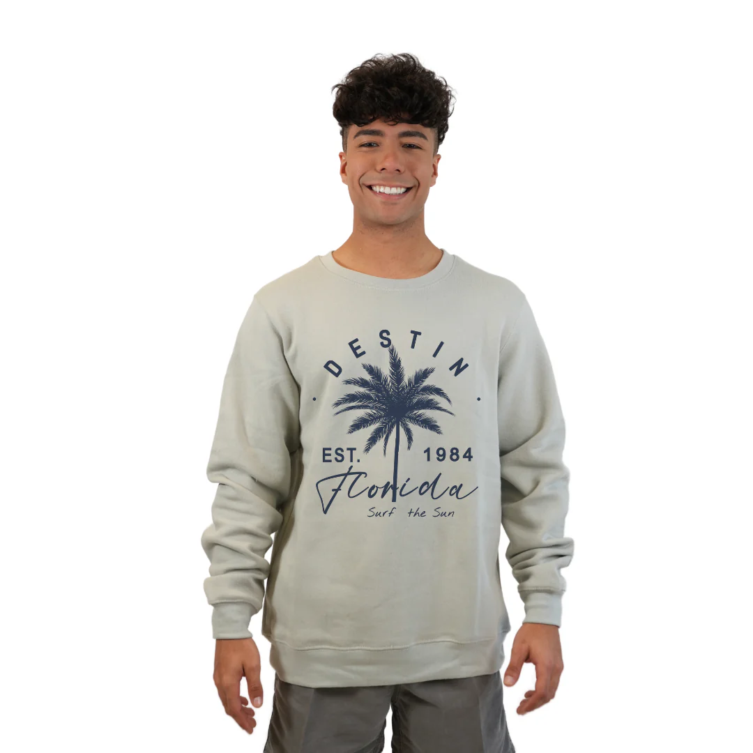 Destin Florida Fleece Crewneck Sweatshirt Men with a Front Palm Tree Est. 1984 Design Style 067 - Image 4