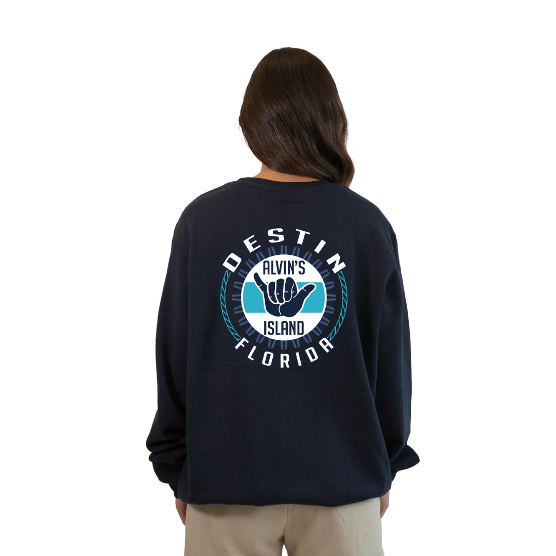 Destin Florida Fleece Crewneck Sweatshirt Women with Alvin's Island Hang Loose Front and Back Design Style  067 - Image 2