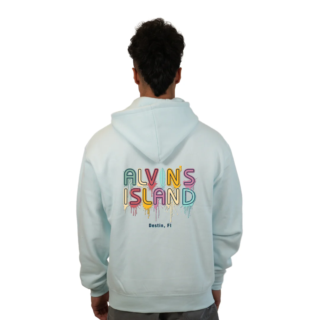 Destin Florida Pullover Hoodie Men with a Alvin's island  Drip  Painting Design Style 252 - Image 4