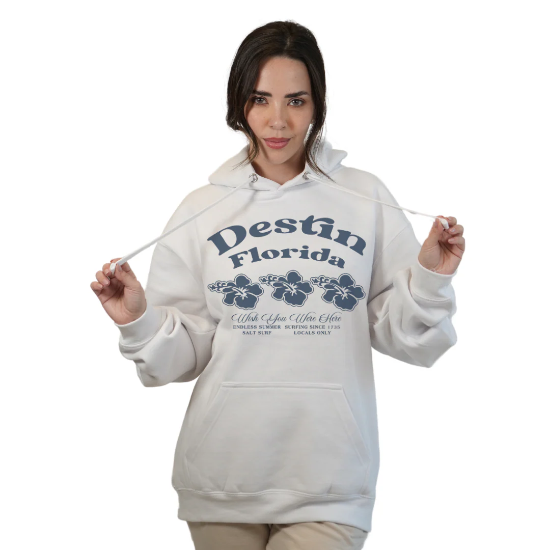 Destin Florida Pullover Hoodie Women with Big Front 3 Hibiscus Design Style 252 - Image 2