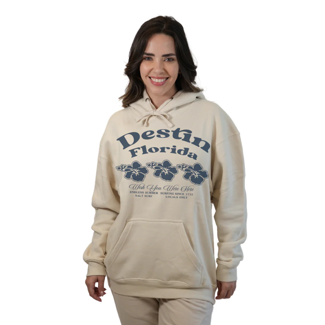 Destin Florida Pullover Hoodie Women with Big Front 3 Hibiscus Design Style 252 - Image 3