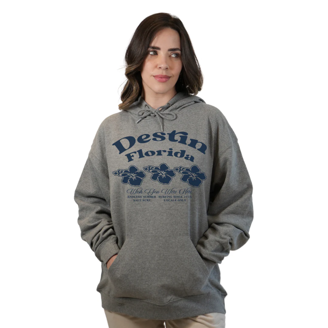 Destin Florida Pullover Hoodie Women with Big Front 3 Hibiscus Design Style 252 - Image 5