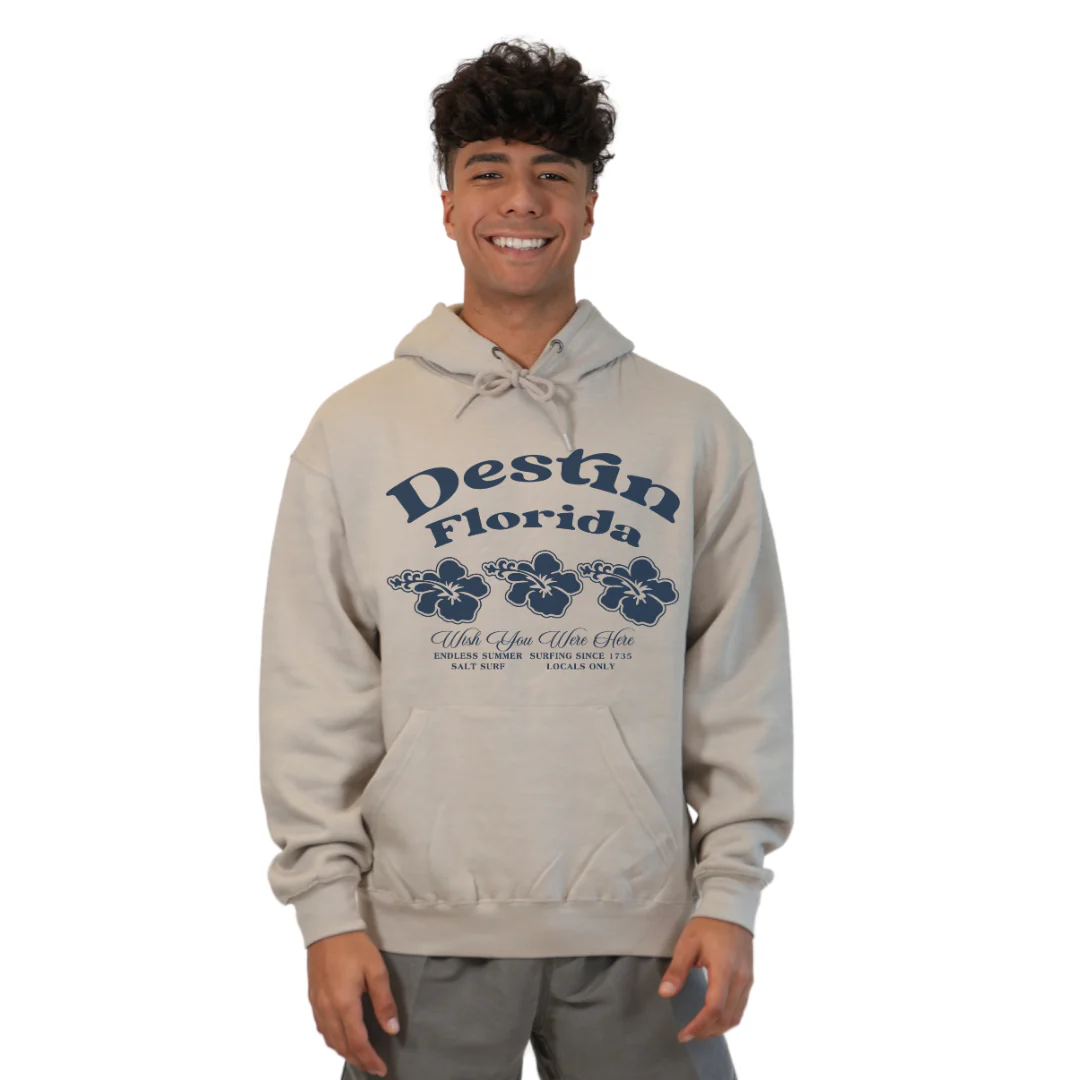 Destin Florida Pullover Hoodie Men with Big Front 3 Hibiscus Design Style 252 - Image 2