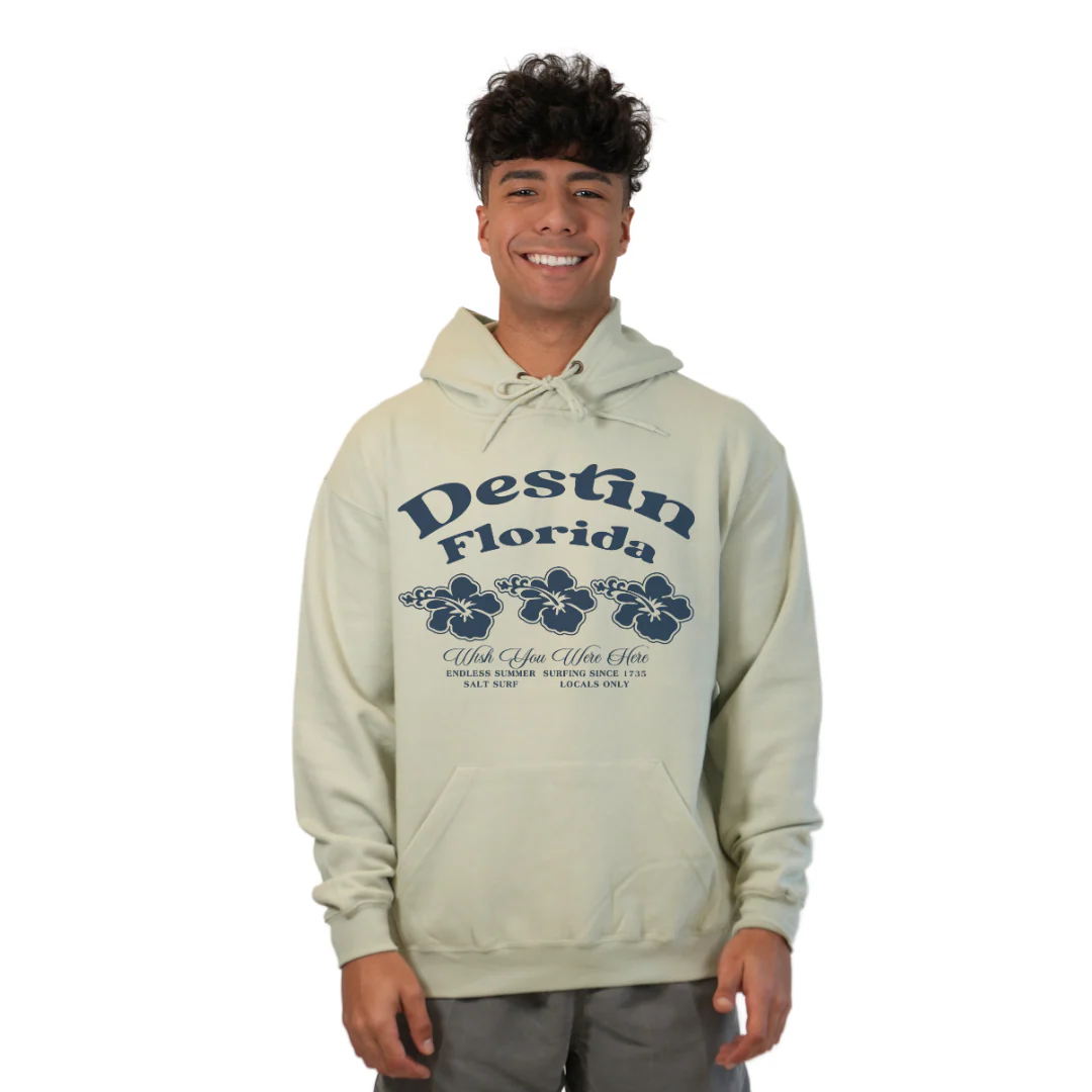 Destin Florida Pullover Hoodie Men with Big Front 3 Hibiscus Design Style 252 - Image 6