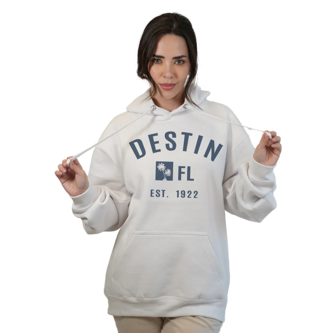 Destin Florida Pullover Hoodie Women with Big Front Destin Est 1922 Two Palm Trees FL Design Style 252 - Image 3