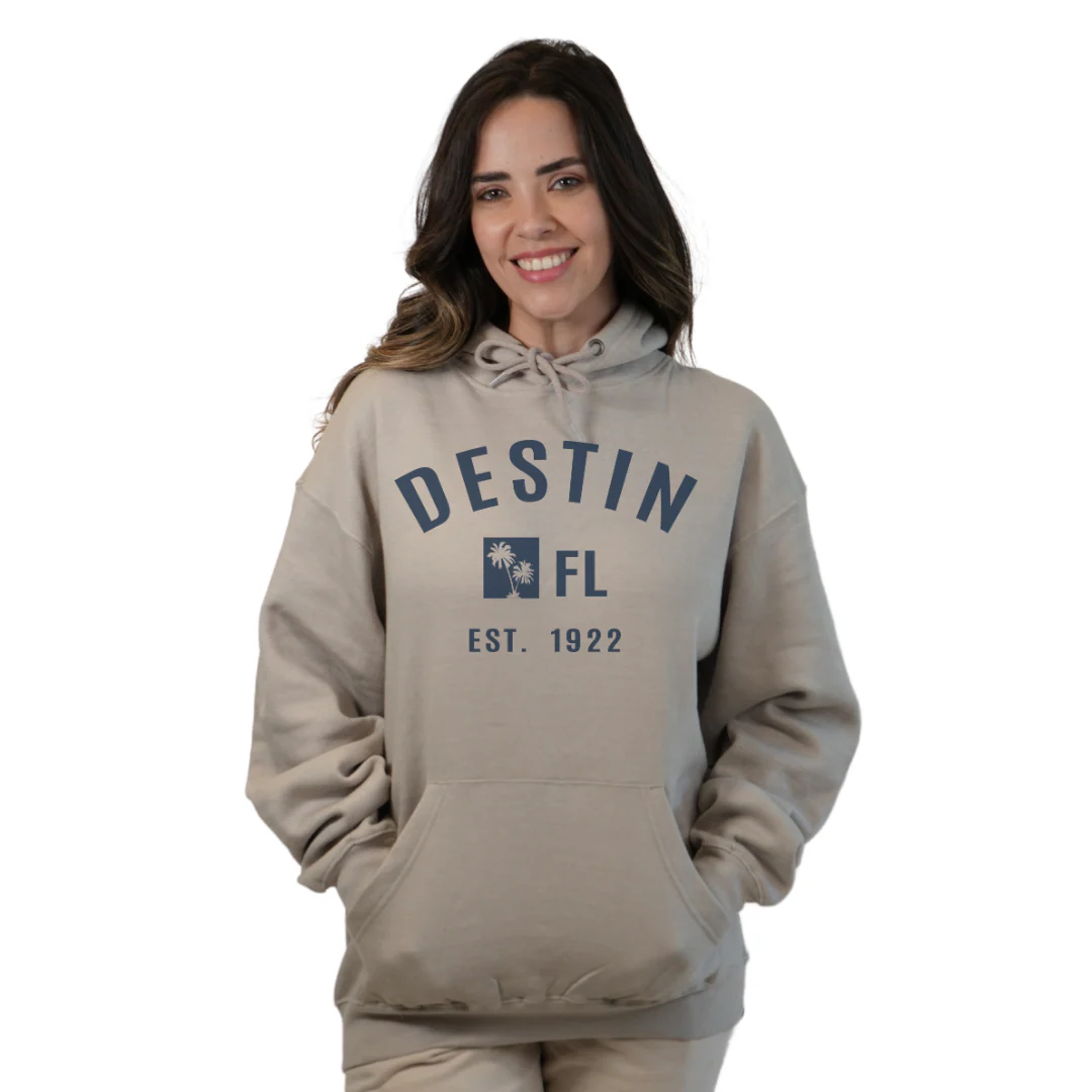 Destin Florida Pullover Hoodie Women with Big Front Destin Est 1922 Two Palm Trees FL Design Style 252 - Image 6