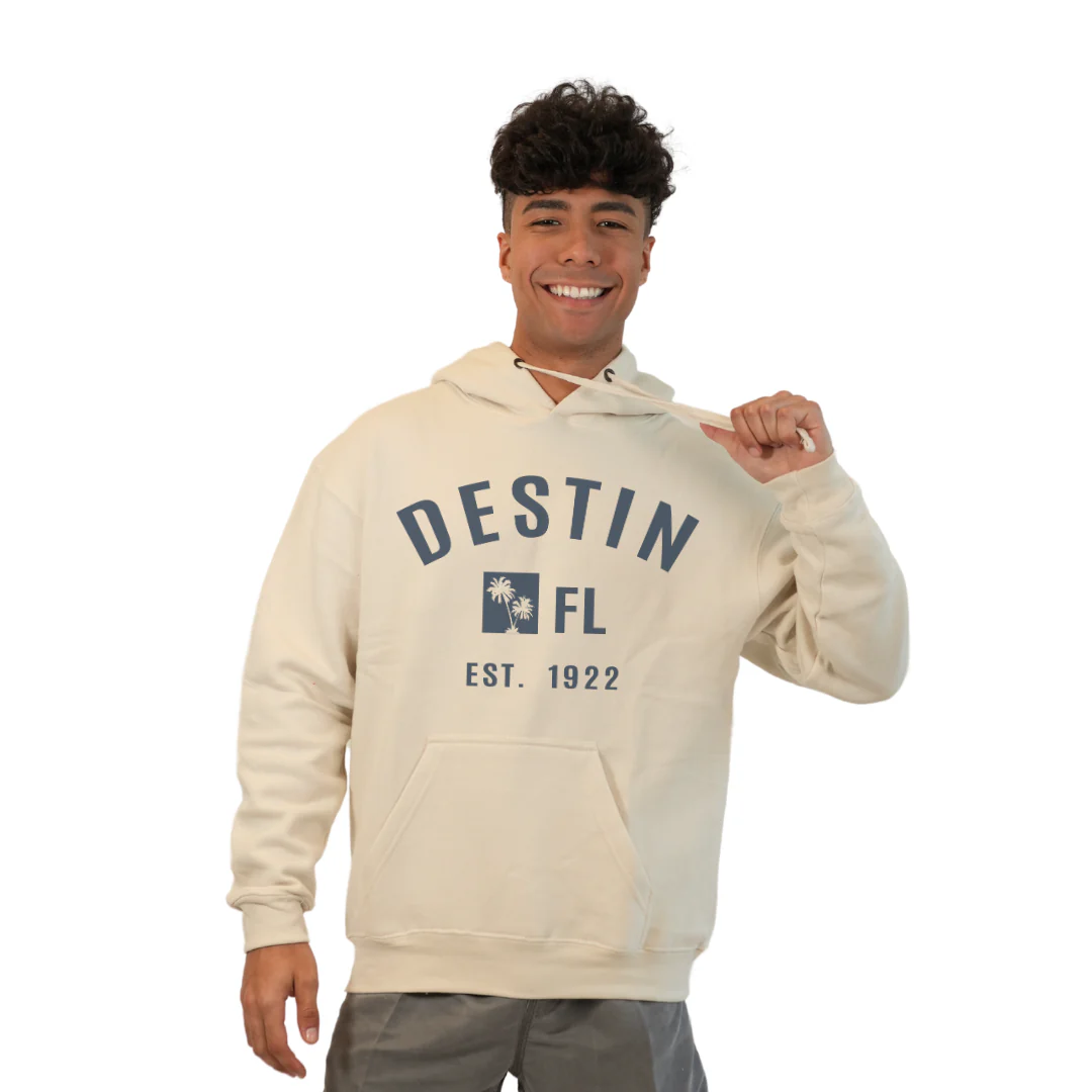Destin Florida Pullover Hoodie men with Big Front Destin Est 1922 Two Palm Trees FL Design Style 252 - Image 3