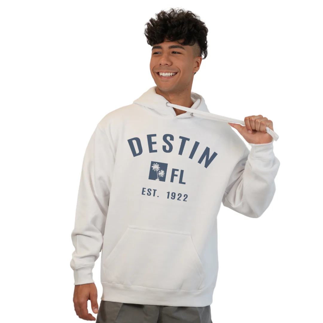 Destin Florida Pullover Hoodie men with Big Front Destin Est 1922 Two Palm Trees FL Design Style 252 - Image 4