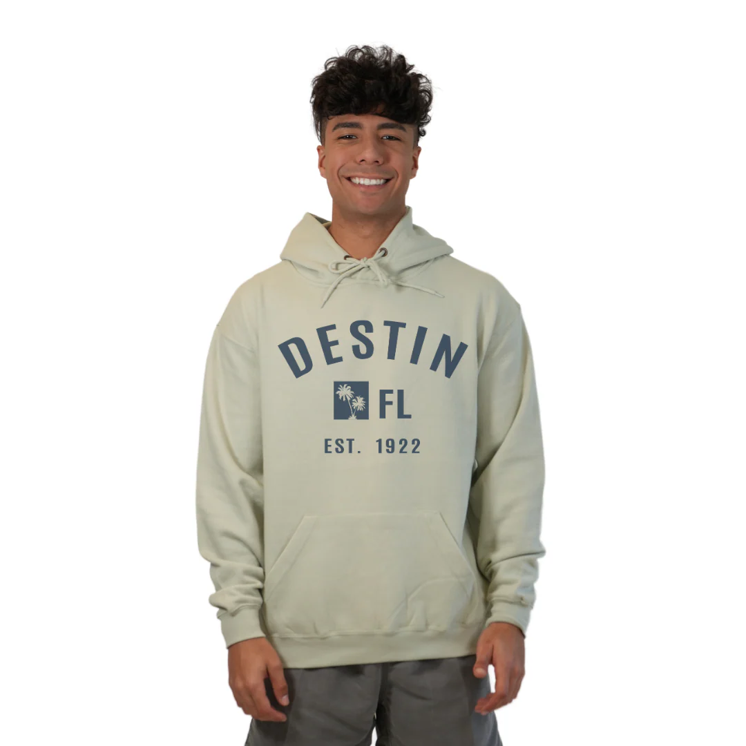 Destin Florida Pullover Hoodie men with Big Front Destin Est 1922 Two Palm Trees FL Design Style 252 - Image 5