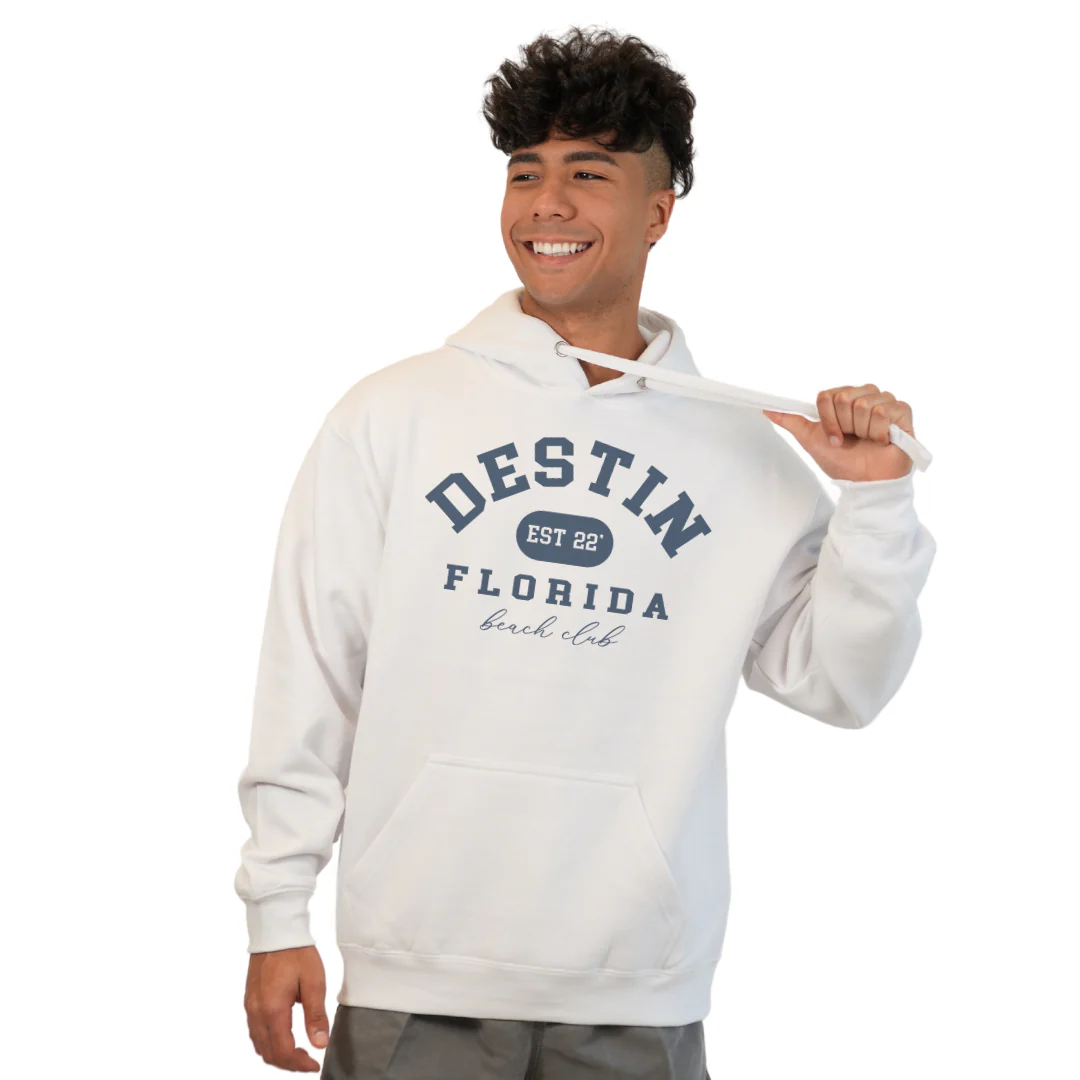 Destin Florida Pullover Hoodie Men with Big Front Destin Est 22 Florida Beach Club Design Style 252 - Image 4
