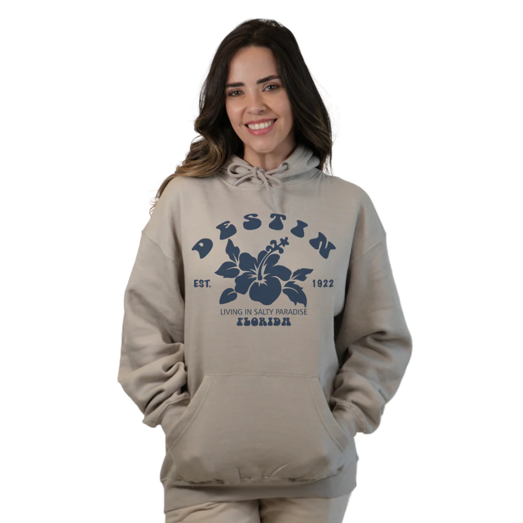 Destin Florida Pullover Hoodie Women with Big Front Hibiscus Flower Design Style 252 - Image 4