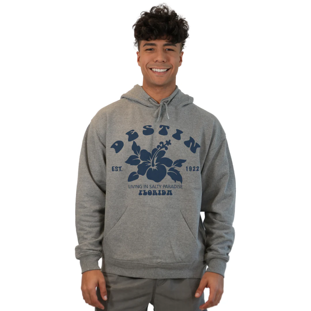Destin Florida Pullover Hoodie Men with Big Front Hibiscus Flower Design Style 252 - Image 2