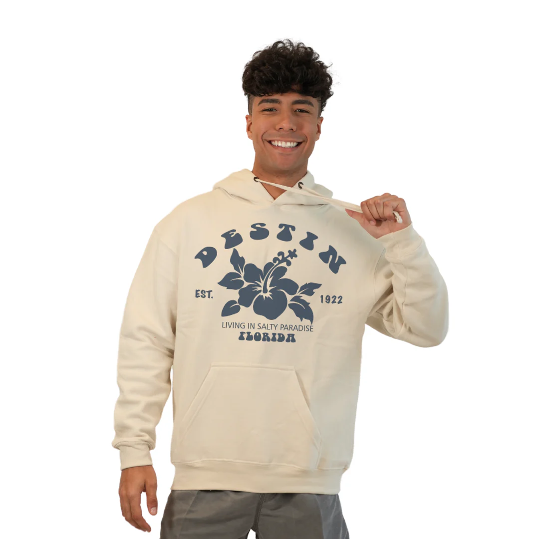 Destin Florida Pullover Hoodie Men with Big Front Hibiscus Flower Design Style 252 - Image 3