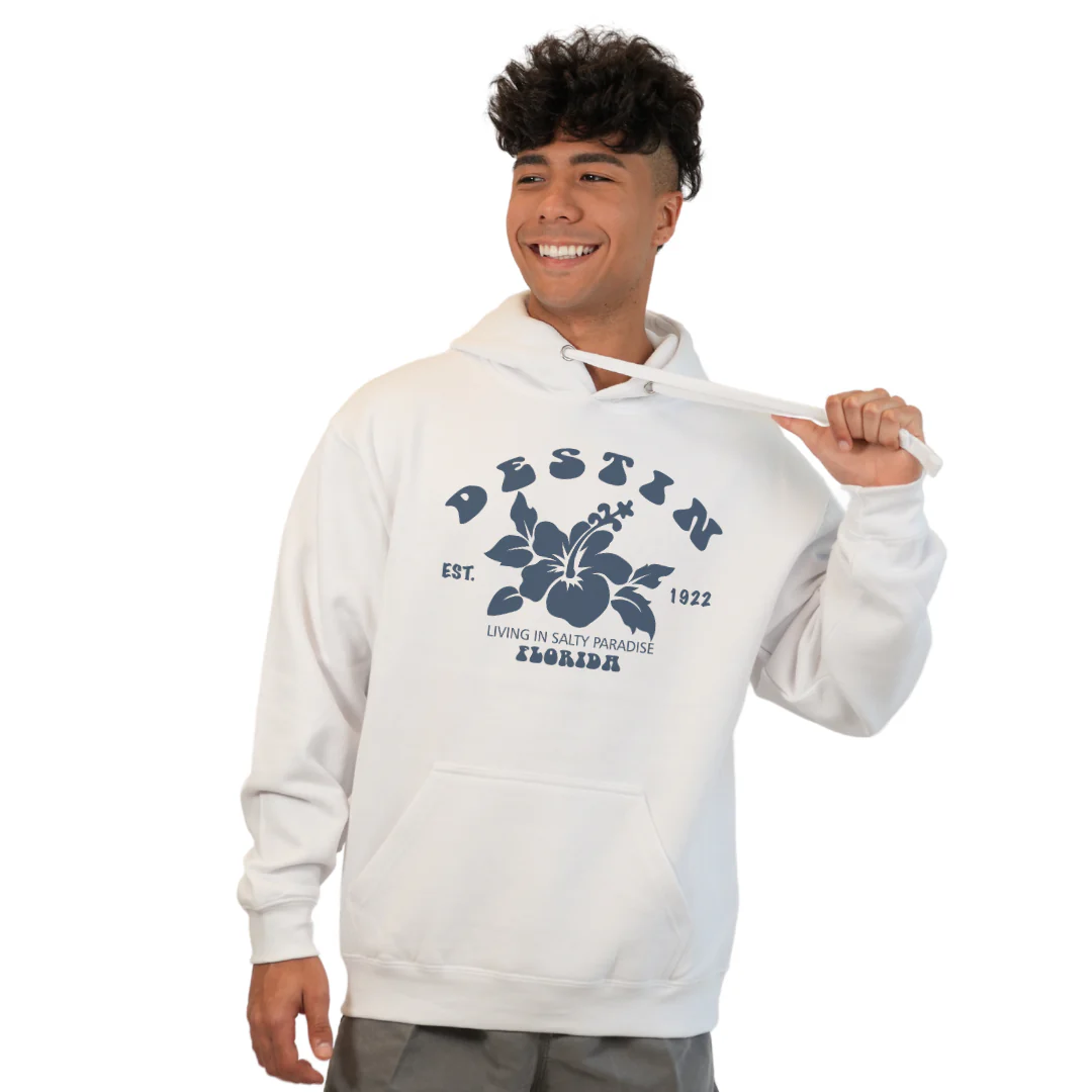 Destin Florida Pullover Hoodie Men with Big Front Hibiscus Flower Design Style 252 - Image 4