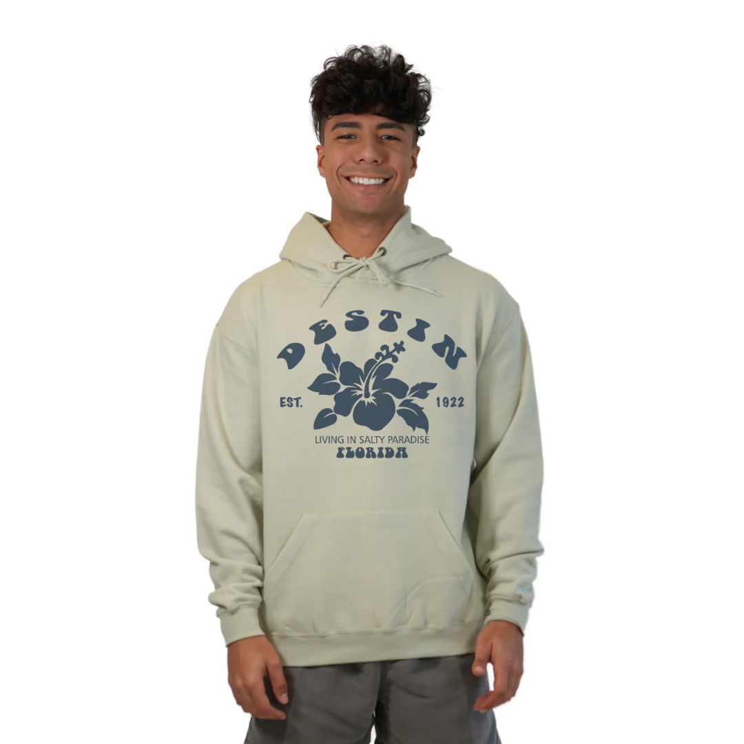 Destin Florida Pullover Hoodie Men with Big Front Hibiscus Flower Design Style 252 - Image 6