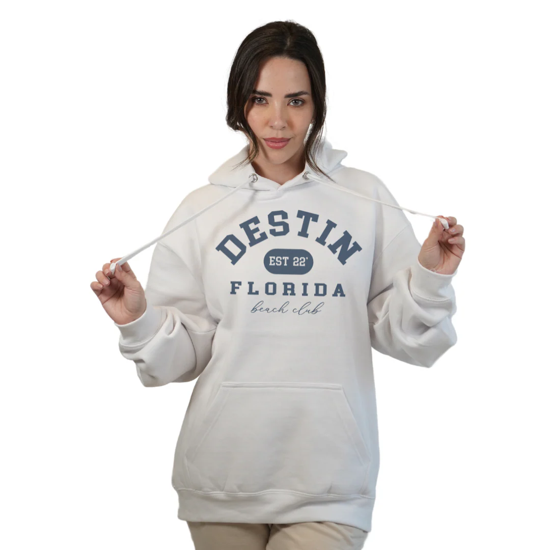 Destin Florida Pullover Hoodie Women with Big Front Destin Est 22 Florida Beach Club Design Style 252 - Image 4
