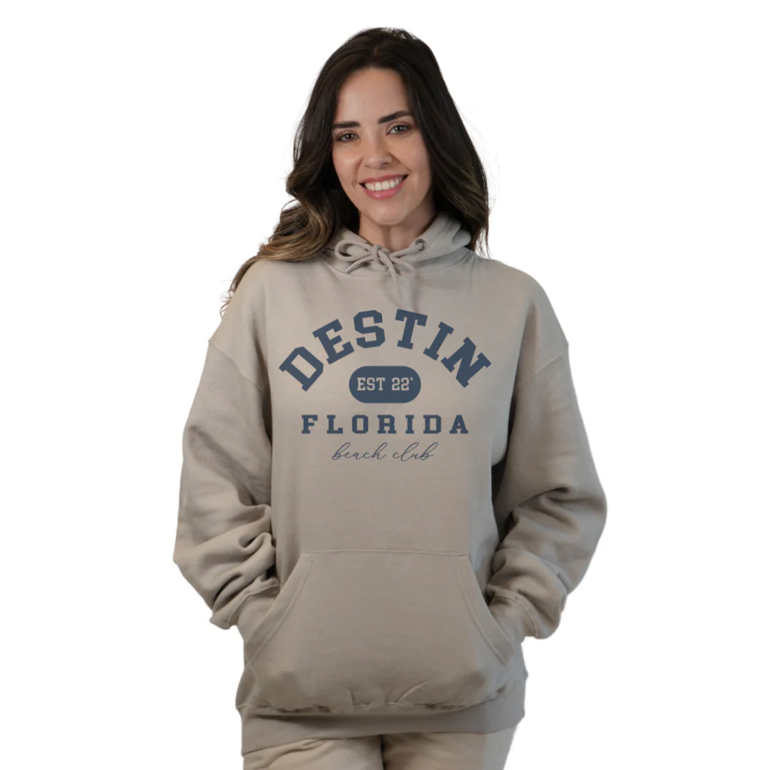 Destin Florida Pullover Hoodie Women with Big Front Destin Est 22 Florida Beach Club Design Style 252 - Image 7