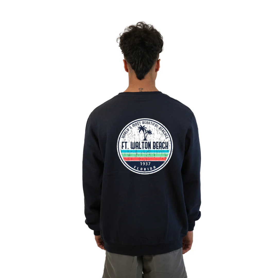 Ft. Walton Beach Fleece Crewneck Sweatshirt Men  a Front Pocket and back big circle 2 Palm Trees 1915 Design Style 067 - Image 10