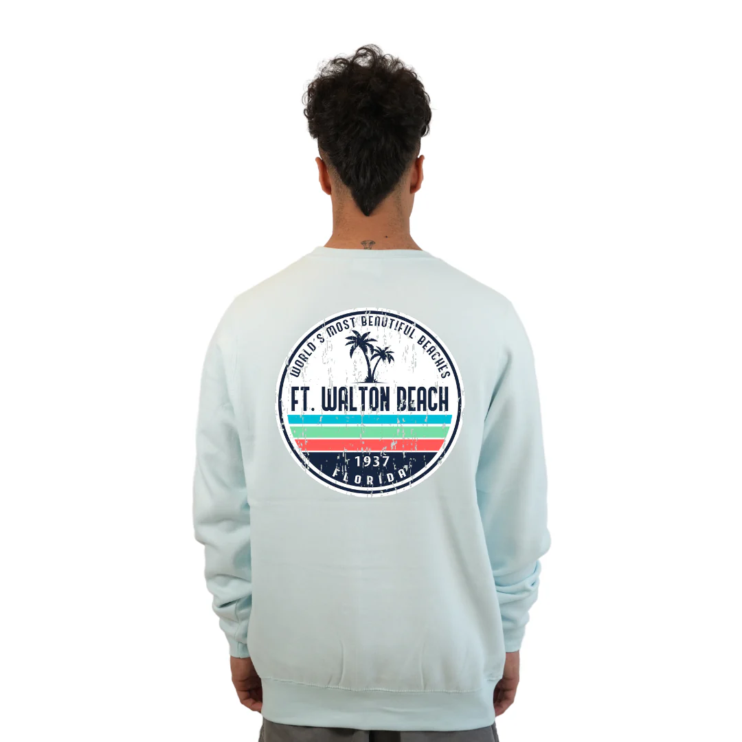 Ft. Walton Beach Fleece Crewneck Sweatshirt Men  a Front Pocket and back big circle 2 Palm Trees 1915 Design Style 067 - Image 2