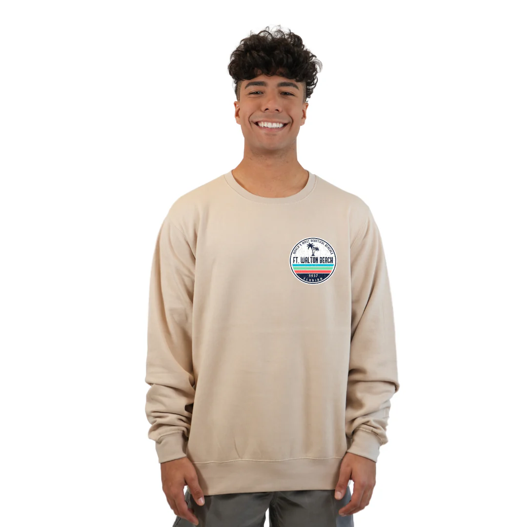 Ft. Walton Beach Fleece Crewneck Sweatshirt Men  a Front Pocket and back big circle 2 Palm Trees 1915 Design Style 067 - Image 3