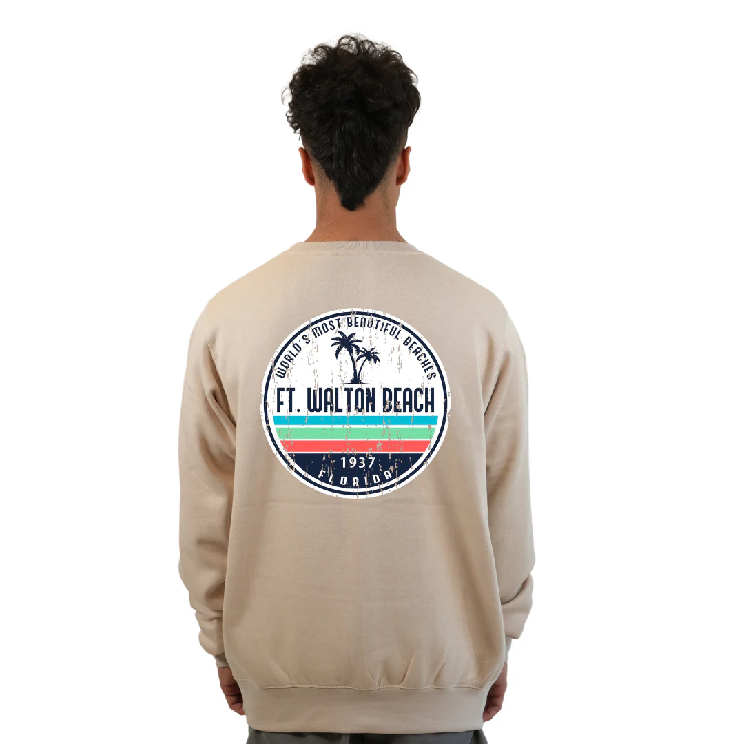 Ft. Walton Beach Fleece Crewneck Sweatshirt Men  a Front Pocket and back big circle 2 Palm Trees 1915 Design Style 067 - Image 4