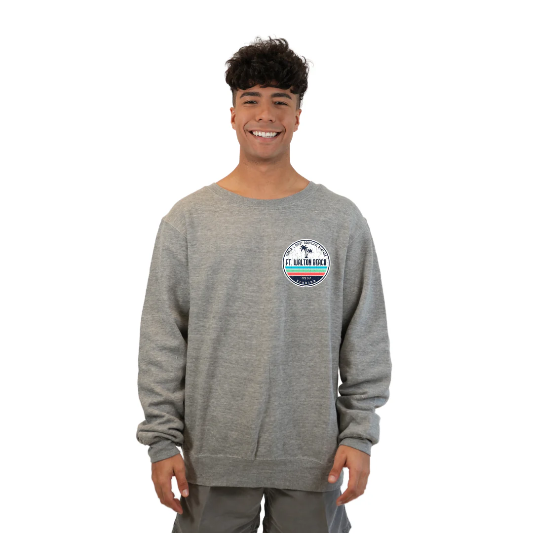 Ft. Walton Beach Fleece Crewneck Sweatshirt Men  a Front Pocket and back big circle 2 Palm Trees 1915 Design Style 067 - Image 5