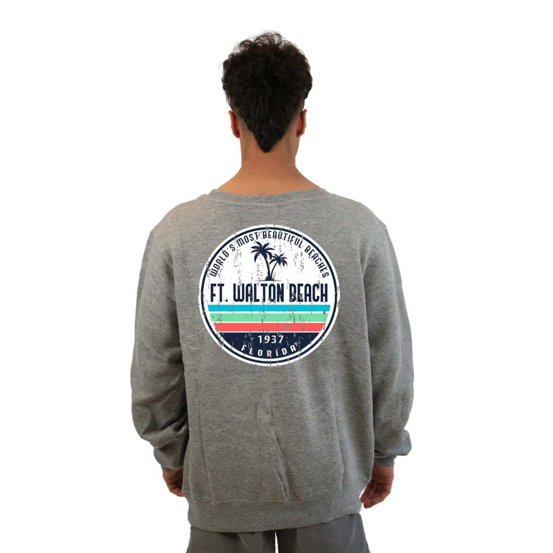 Ft. Walton Beach Fleece Crewneck Sweatshirt Men  a Front Pocket and back big circle 2 Palm Trees 1915 Design Style 067 - Image 6