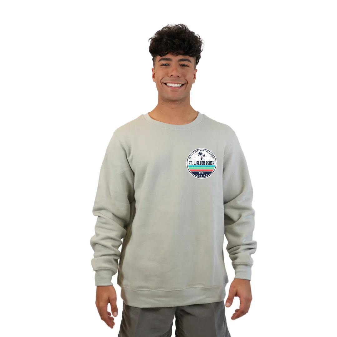 Ft. Walton Beach Fleece Crewneck Sweatshirt Men  a Front Pocket and back big circle 2 Palm Trees 1915 Design Style 067 - Image 7