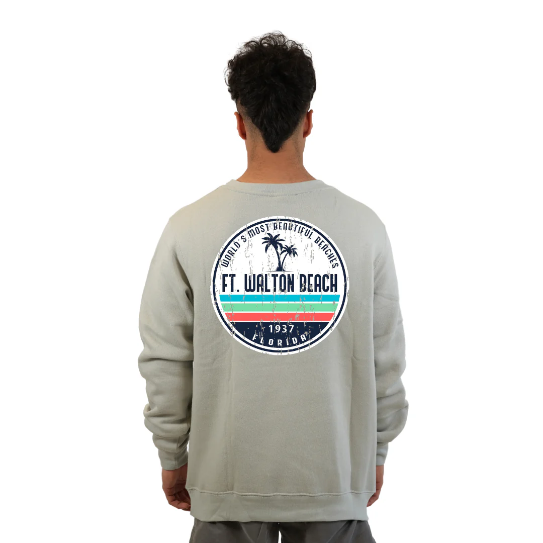 Ft. Walton Beach Fleece Crewneck Sweatshirt Men  a Front Pocket and back big circle 2 Palm Trees 1915 Design Style 067 - Image 8