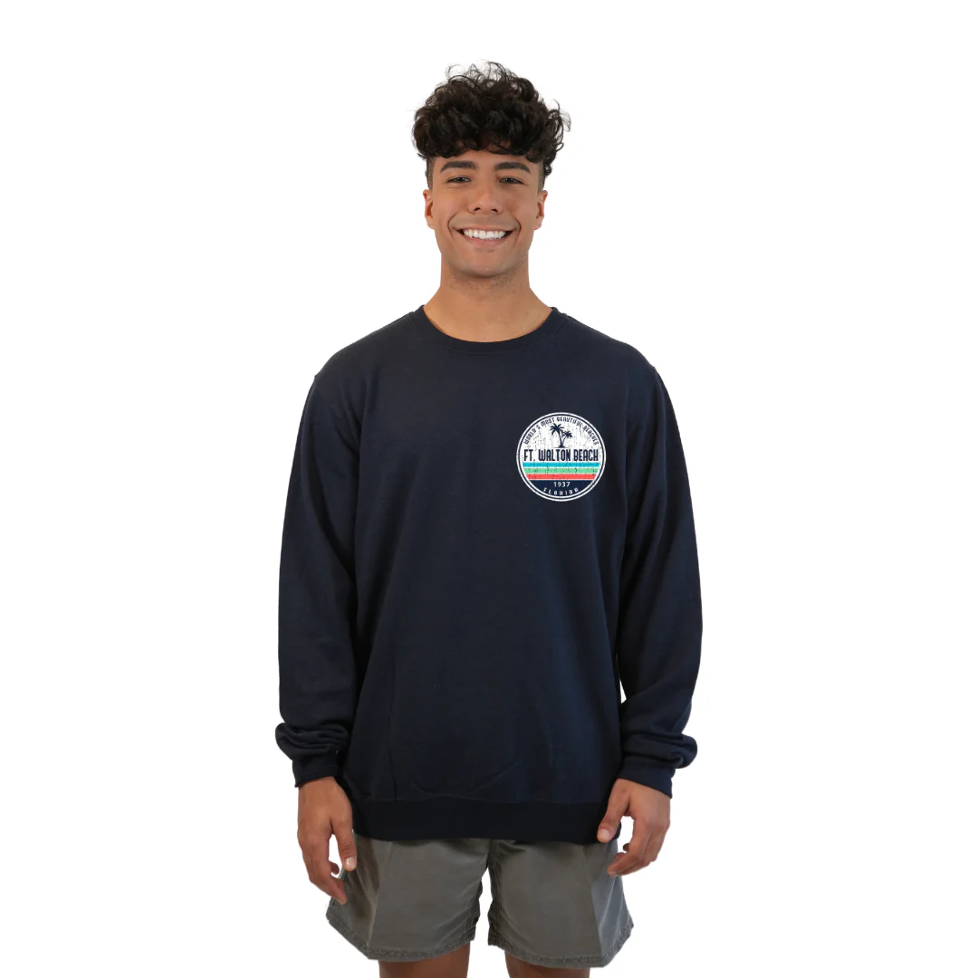 Ft. Walton Beach Fleece Crewneck Sweatshirt Men  a Front Pocket and back big circle 2 Palm Trees 1915 Design Style 067 - Image 9