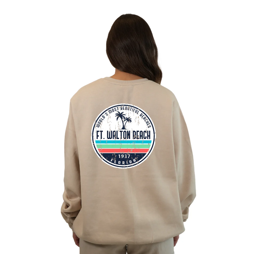 Ft. Walton Beach Fleece Crewneck Sweatshirt Women  a Front Pocket and back big circle 2 Palm Trees 1915 Design Style 067 - Image 2