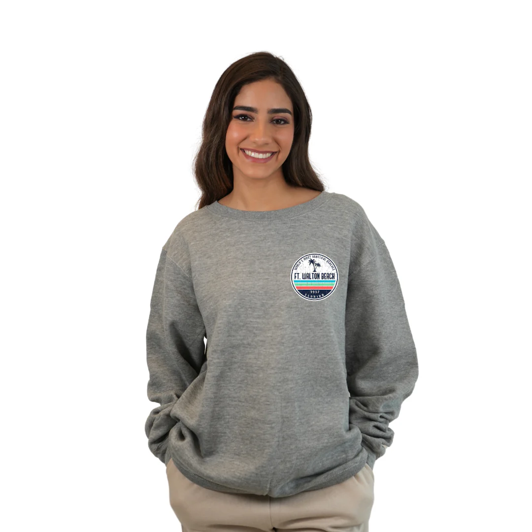 Ft. Walton Beach Fleece Crewneck Sweatshirt Women  a Front Pocket and back big circle 2 Palm Trees 1915 Design Style 067 - Image 3