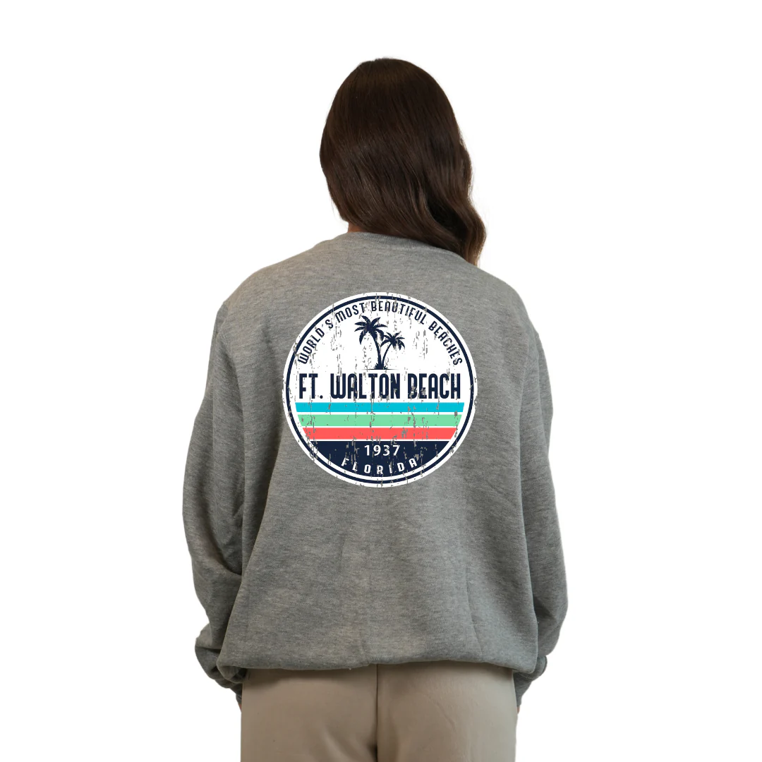 Ft. Walton Beach Fleece Crewneck Sweatshirt Women  a Front Pocket and back big circle 2 Palm Trees 1915 Design Style 067 - Image 4