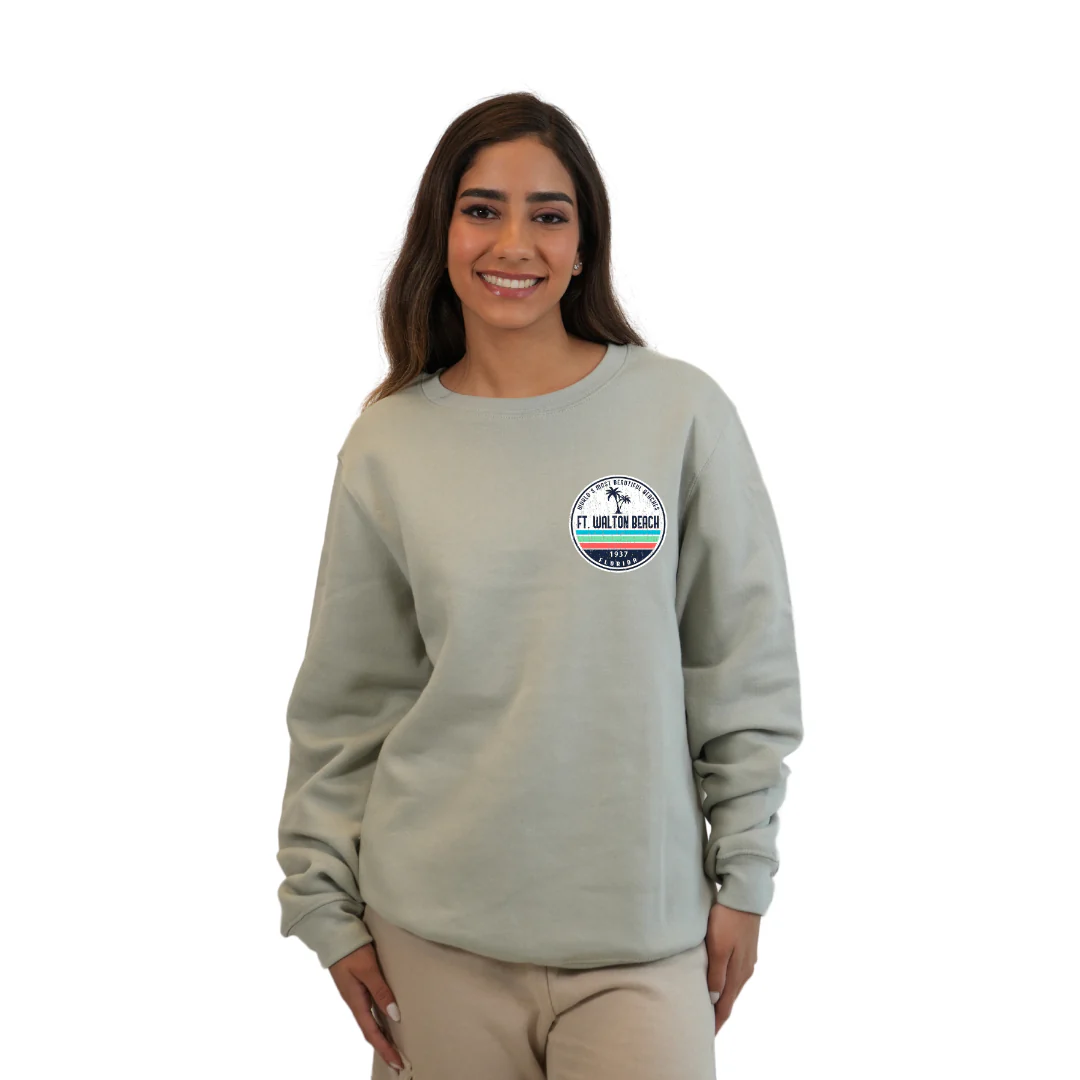 Ft. Walton Beach Fleece Crewneck Sweatshirt Women  a Front Pocket and back big circle 2 Palm Trees 1915 Design Style 067 - Image 5