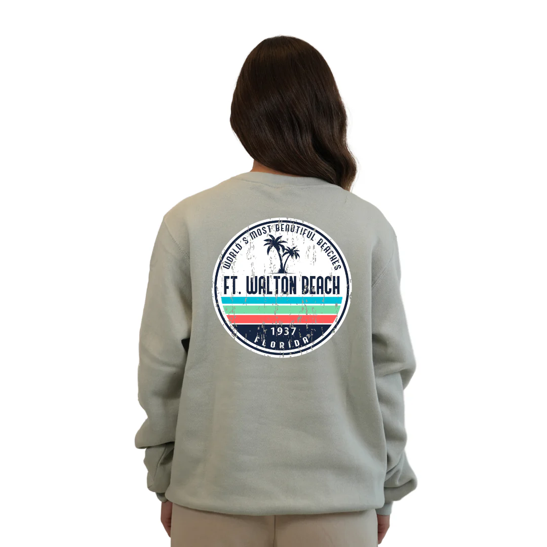 Ft. Walton Beach Fleece Crewneck Sweatshirt Women  a Front Pocket and back big circle 2 Palm Trees 1915 Design Style 067 - Image 6