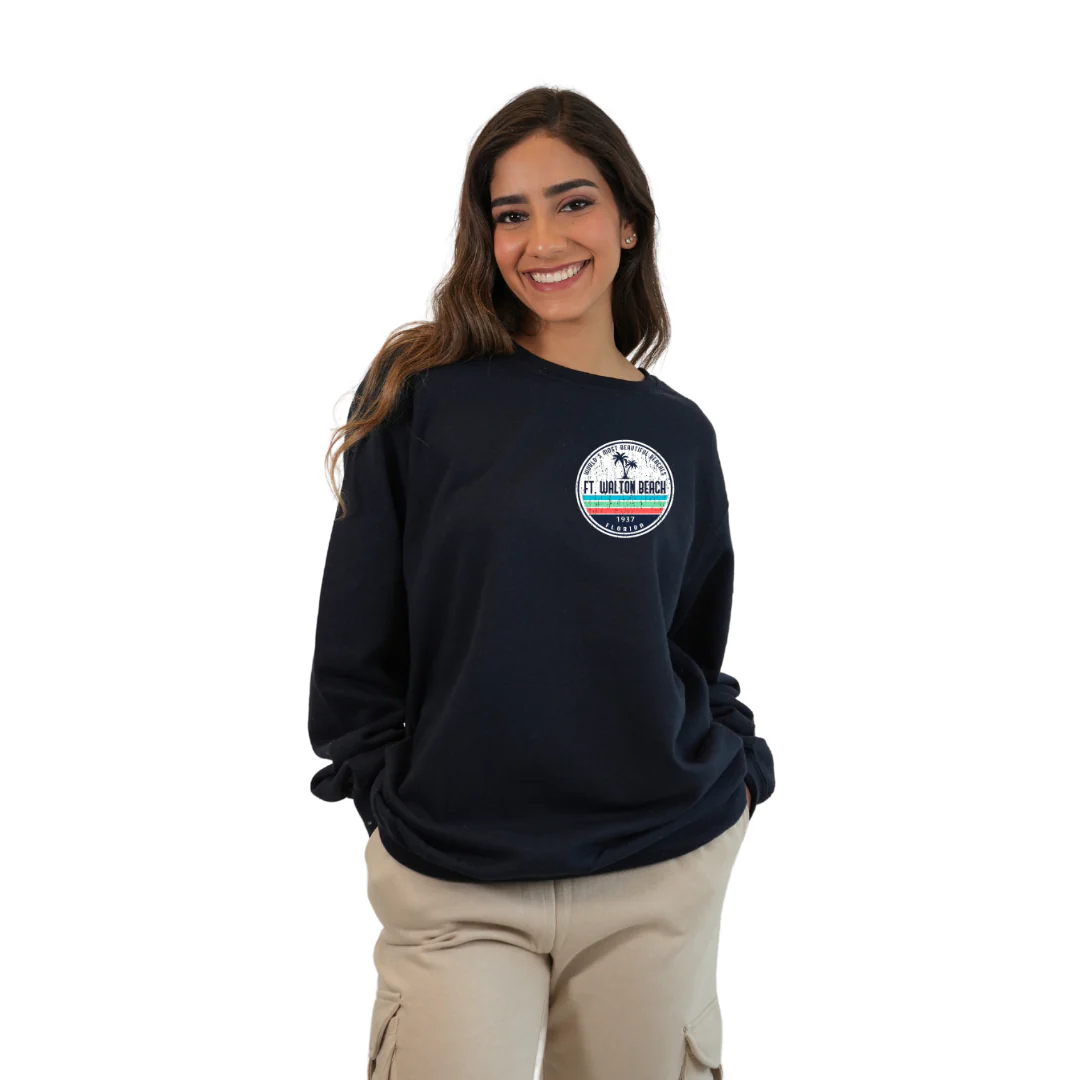 Ft. Walton Beach Fleece Crewneck Sweatshirt Women  a Front Pocket and back big circle 2 Palm Trees 1915 Design Style 067 - Image 7