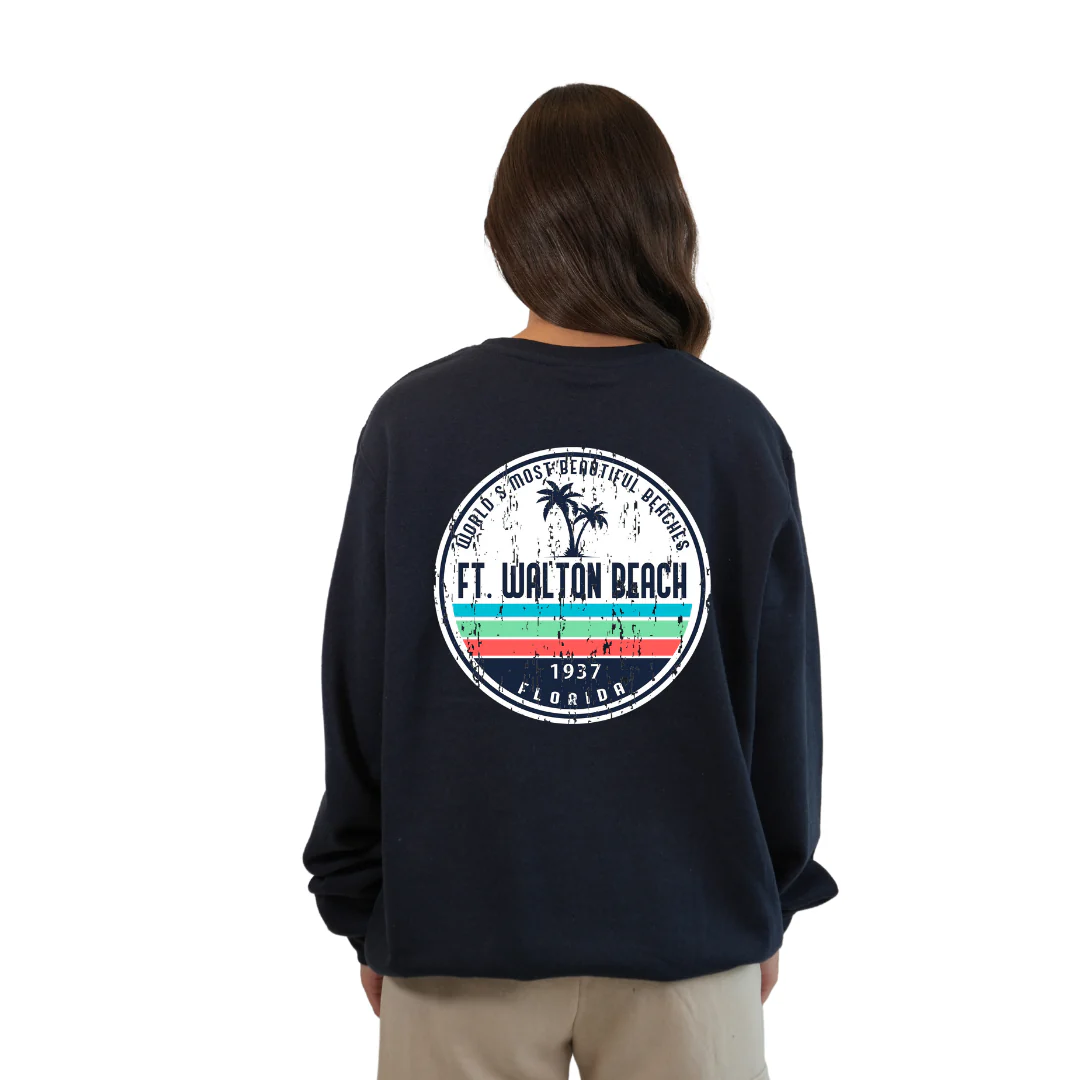 Ft. Walton Beach Fleece Crewneck Sweatshirt Women  a Front Pocket and back big circle 2 Palm Trees 1915 Design Style 067 - Image 8
