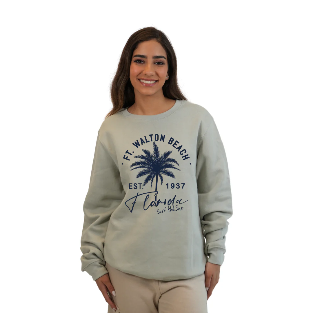 Ft. Walton Beach Fleece Crewneck Sweatshirt Women with a Front Palm Tree Est. 1984 Design Style 067 - Image 3