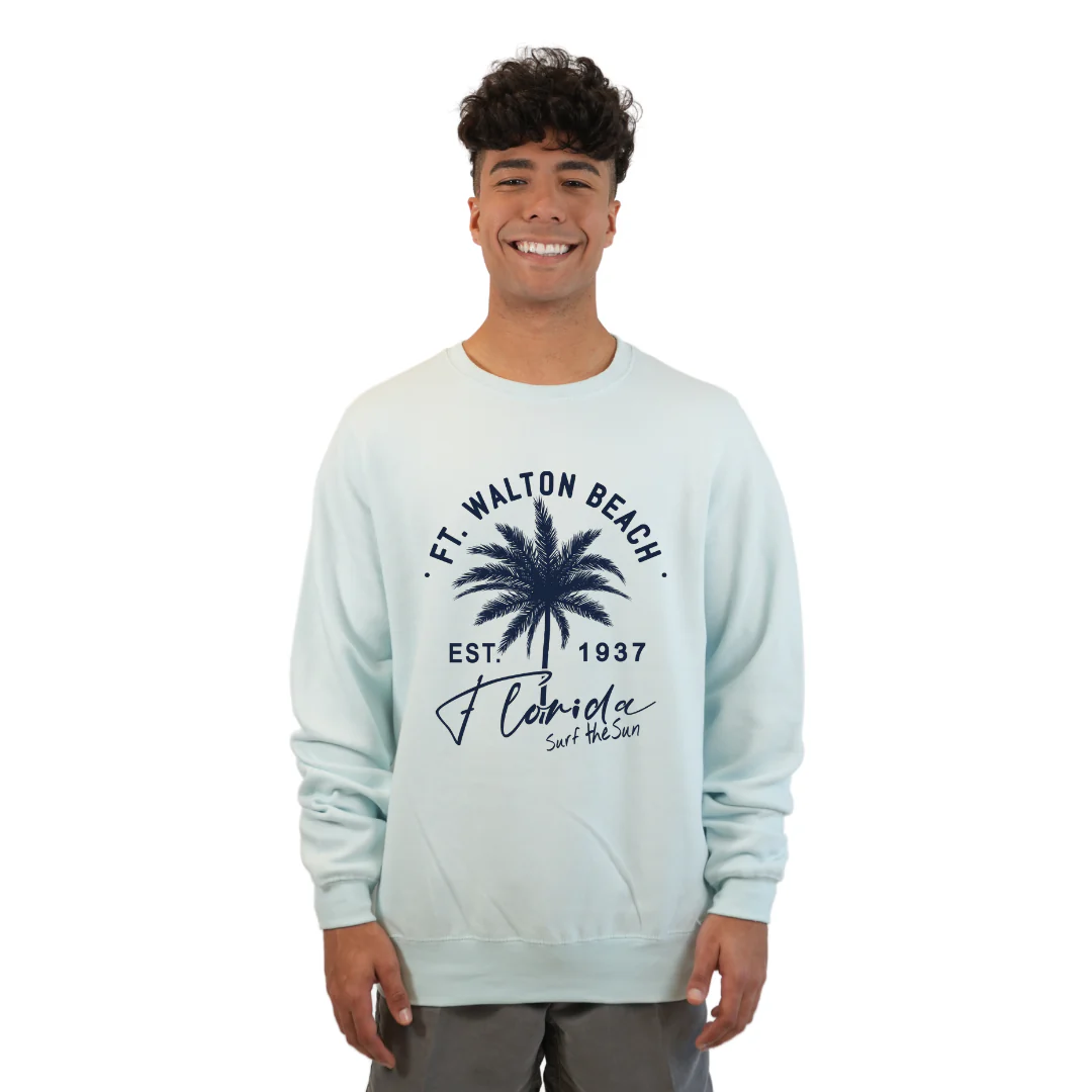Ft. Walton Beach Fleece Crewneck Sweatshirt Men with a Front Palm Tree Est. 1984 Design Style 067 - Image 2