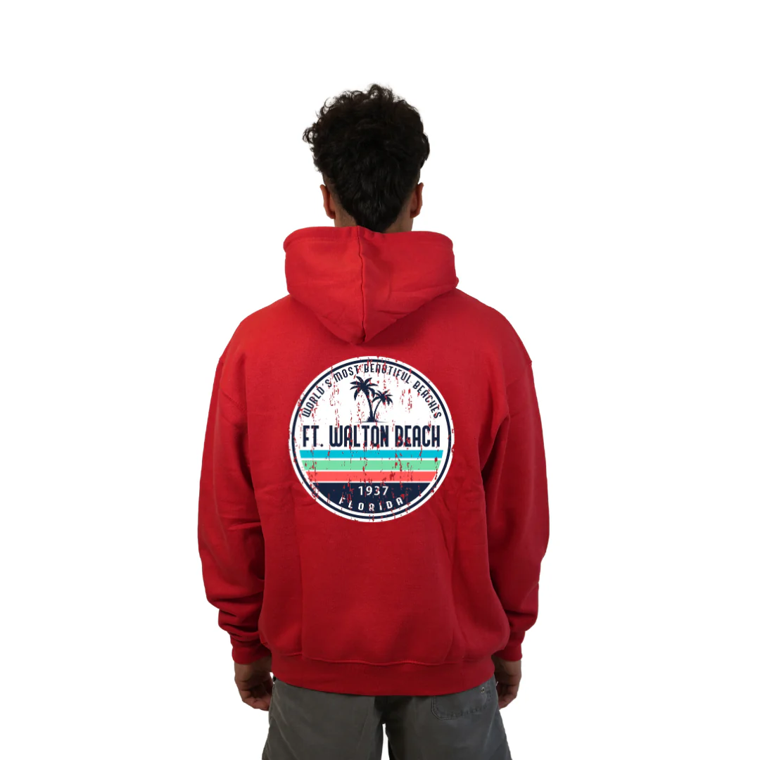 Ft. Walton Beach Pullover Hoodie Men with a a Front Pocket and back big circle 2 Palm Trees 1915 Design Style 252 - Image 10