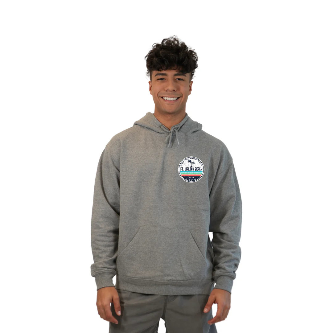 Ft. Walton Beach Pullover Hoodie Men with a a Front Pocket and back big circle 2 Palm Trees 1915 Design Style 252 - Image 11