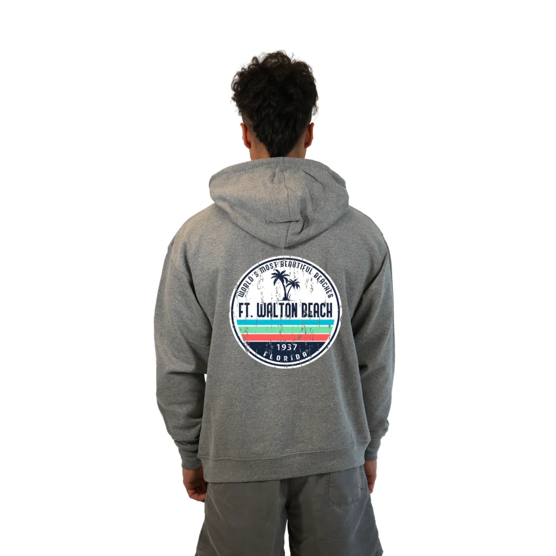 Ft. Walton Beach Pullover Hoodie Men with a a Front Pocket and back big circle 2 Palm Trees 1915 Design Style 252 - Image 12