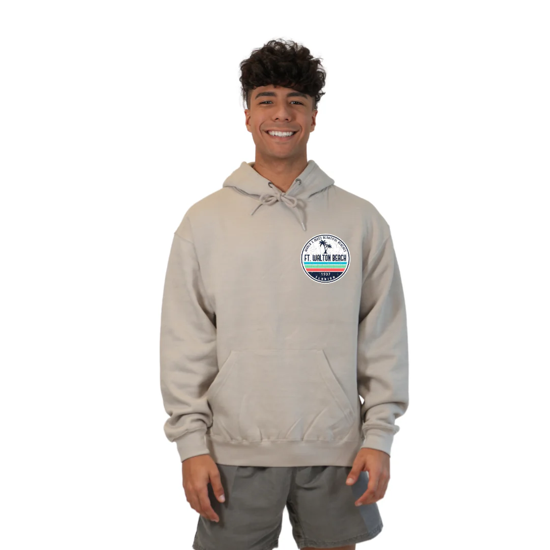 Ft. Walton Beach Pullover Hoodie Men with a a Front Pocket and back big circle 2 Palm Trees 1915 Design Style 252 - Image 13