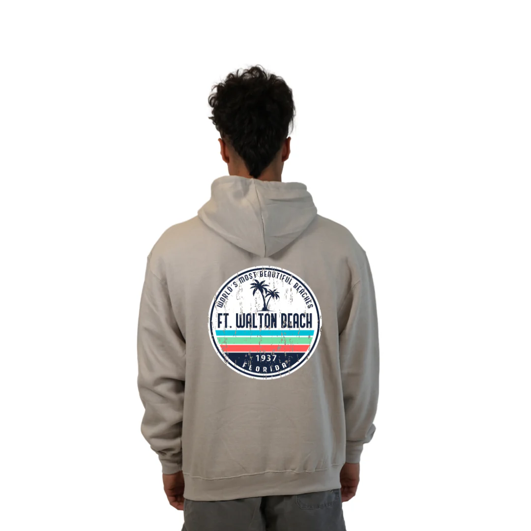 Ft. Walton Beach Pullover Hoodie Men with a a Front Pocket and back big circle 2 Palm Trees 1915 Design Style 252 - Image 14