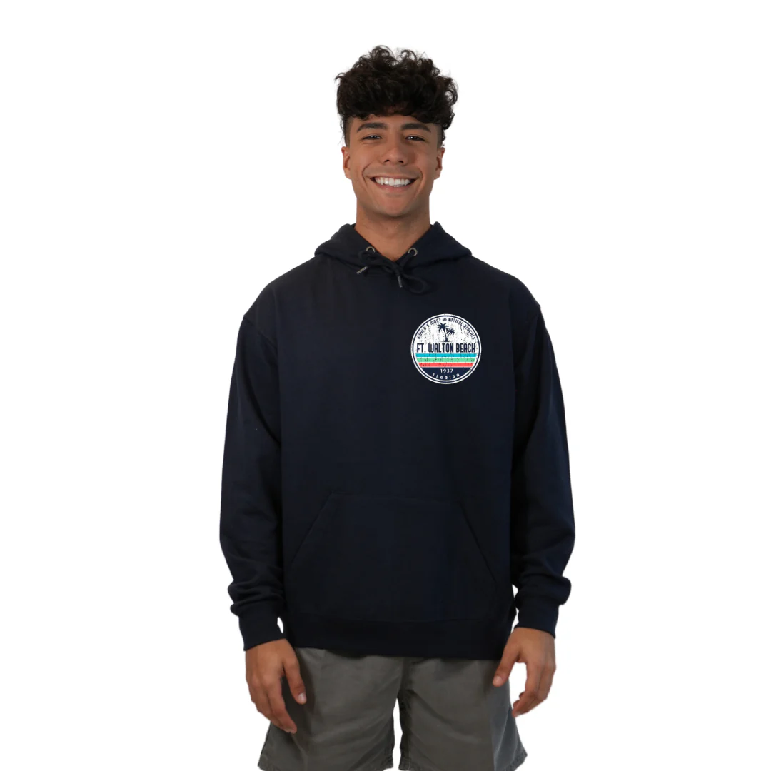 Ft. Walton Beach Pullover Hoodie Men with a a Front Pocket and back big circle 2 Palm Trees 1915 Design Style 252 - Image 15