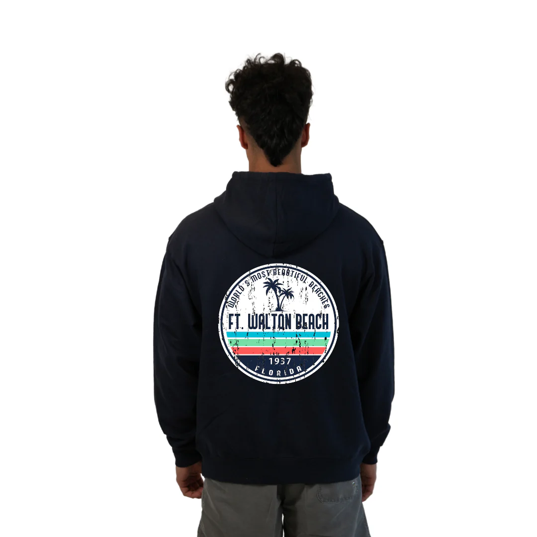 Ft. Walton Beach Pullover Hoodie Men with a a Front Pocket and back big circle 2 Palm Trees 1915 Design Style 252 - Image 16