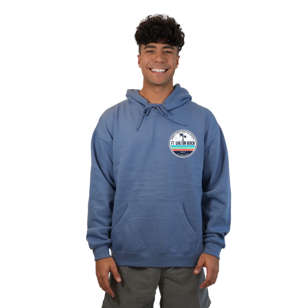 Ft. Walton Beach Pullover Hoodie Men with a a Front Pocket and back big circle 2 Palm Trees 1915 Design Style 252 - Image 3