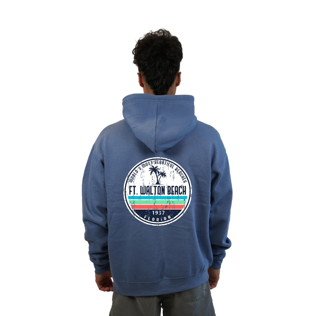 Ft. Walton Beach Pullover Hoodie Men with a a Front Pocket and back big circle 2 Palm Trees 1915 Design Style 252 - Image 4