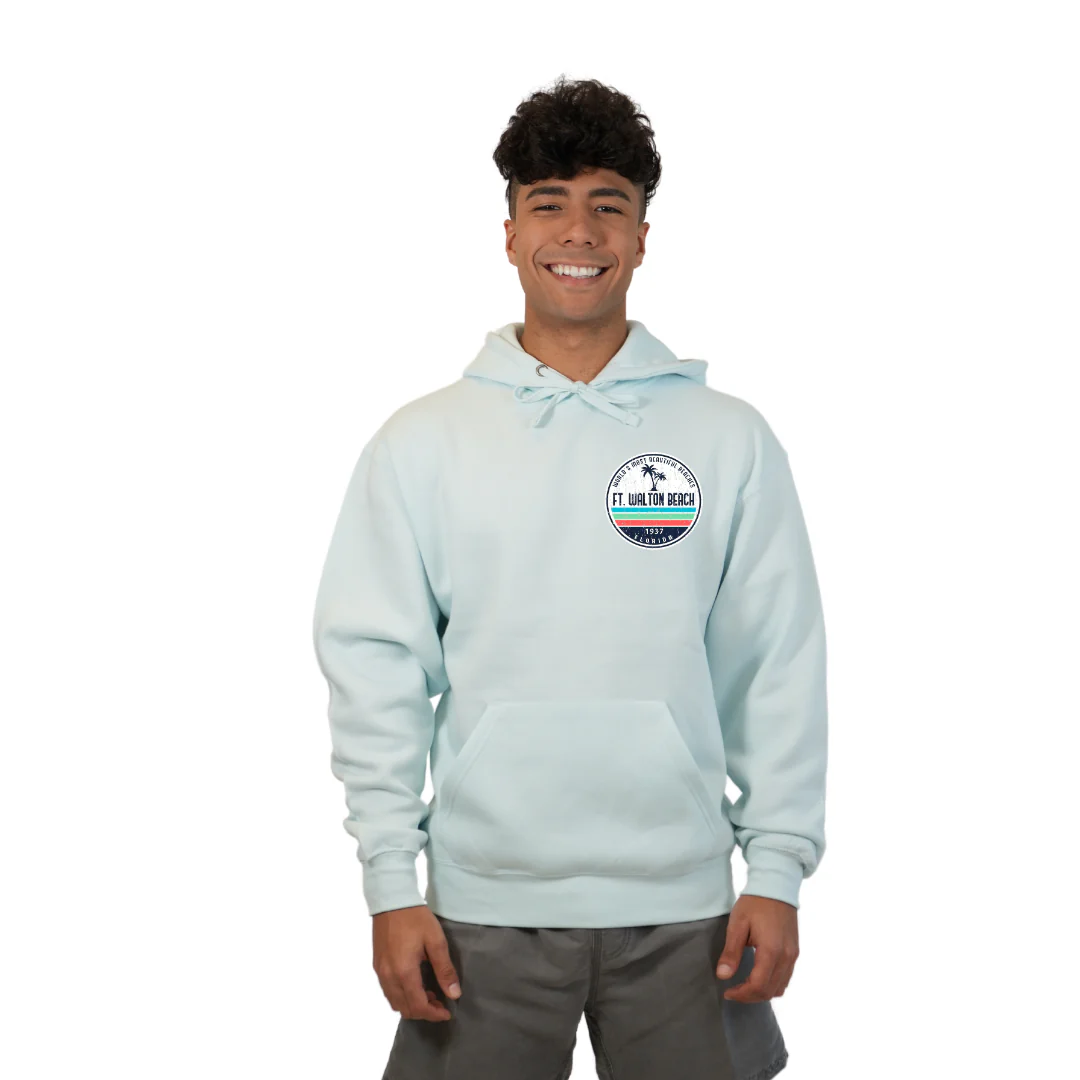 Ft. Walton Beach Pullover Hoodie Men with a a Front Pocket and back big circle 2 Palm Trees 1915 Design Style 252 - Image 5